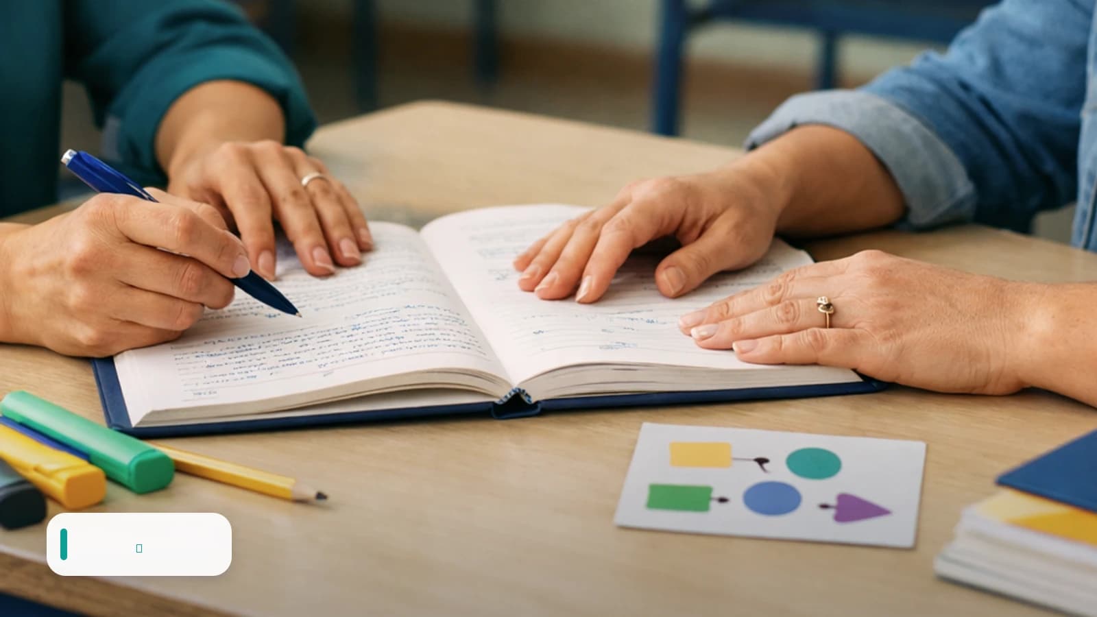 Profissional da educação e familiar revisam observações pedagógicas ao lado de materiais visuais.