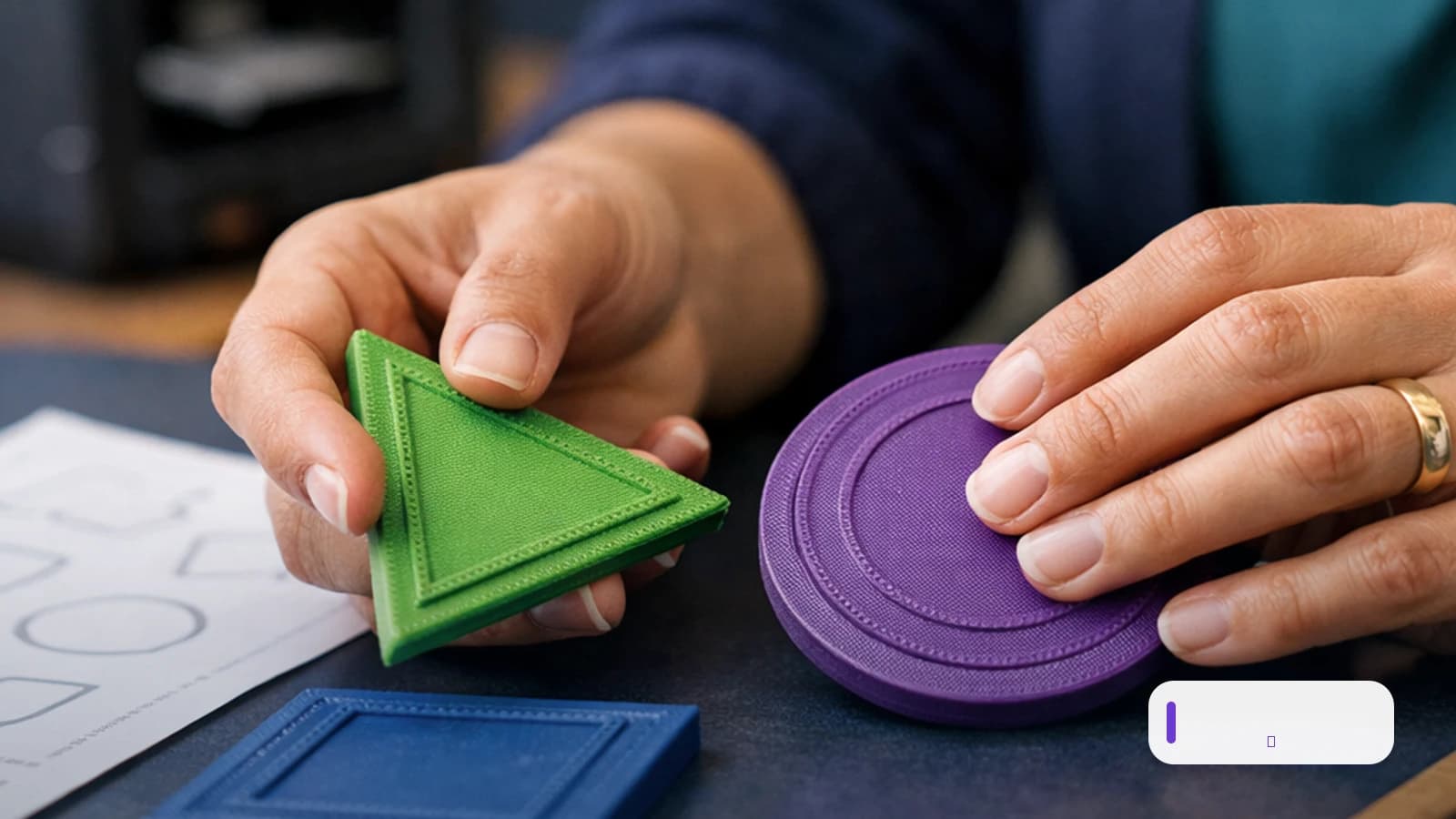 Detalhe das mãos examinando peças geométricas triangular e circular com contornos em relevo sobre uma mesa.