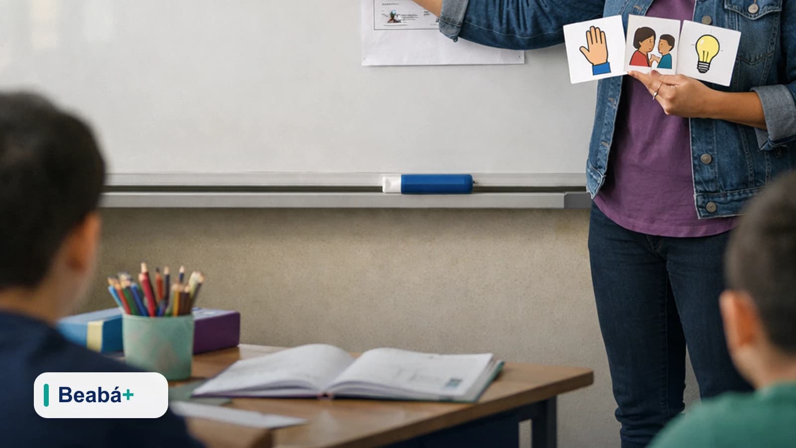 Professora apresenta cartões visuais ao lado de uma atividade impressa em uma sala de aula brasileira.