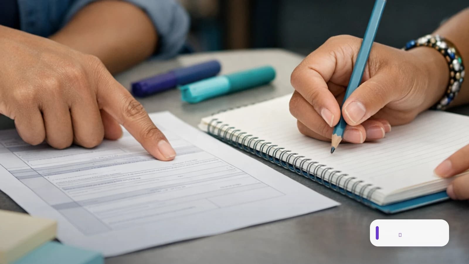 Mãos de duas educadoras apontam um plano de aula e fazem anotações em um caderno.