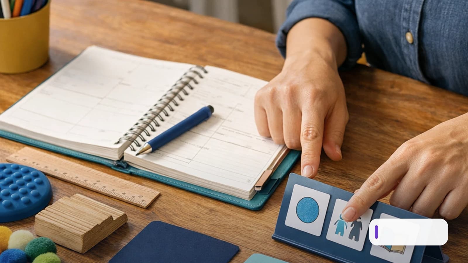 Duas profissionais apontam para cartões visuais ao lado de um caderno de planejamento e materiais táteis.